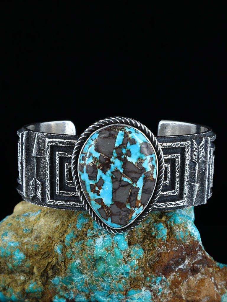 Native American Tufa Cast Sterling Silver Natural Viking Turquoise Bracelet - PuebloDirect.com