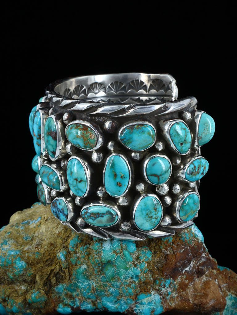 Native American Kingman Turquoise Cluster Sterling Silver Cuff Bracelet - PuebloDirect.com