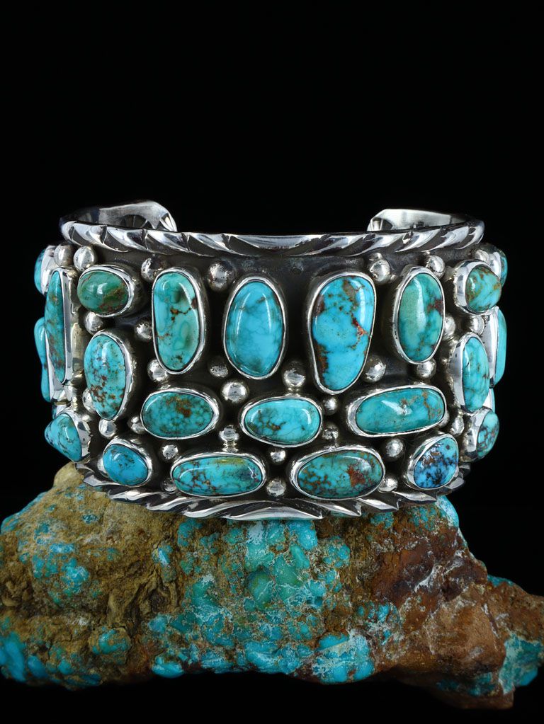 Native American Kingman Turquoise Cluster Sterling Silver Cuff Bracelet - PuebloDirect.com