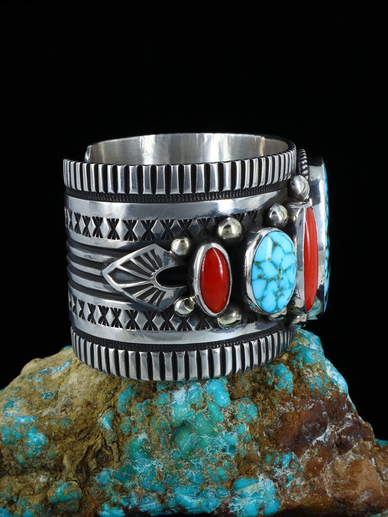 Native American Jewelry Coral and Kingman Turquoise Bracelet - PuebloDirect.com