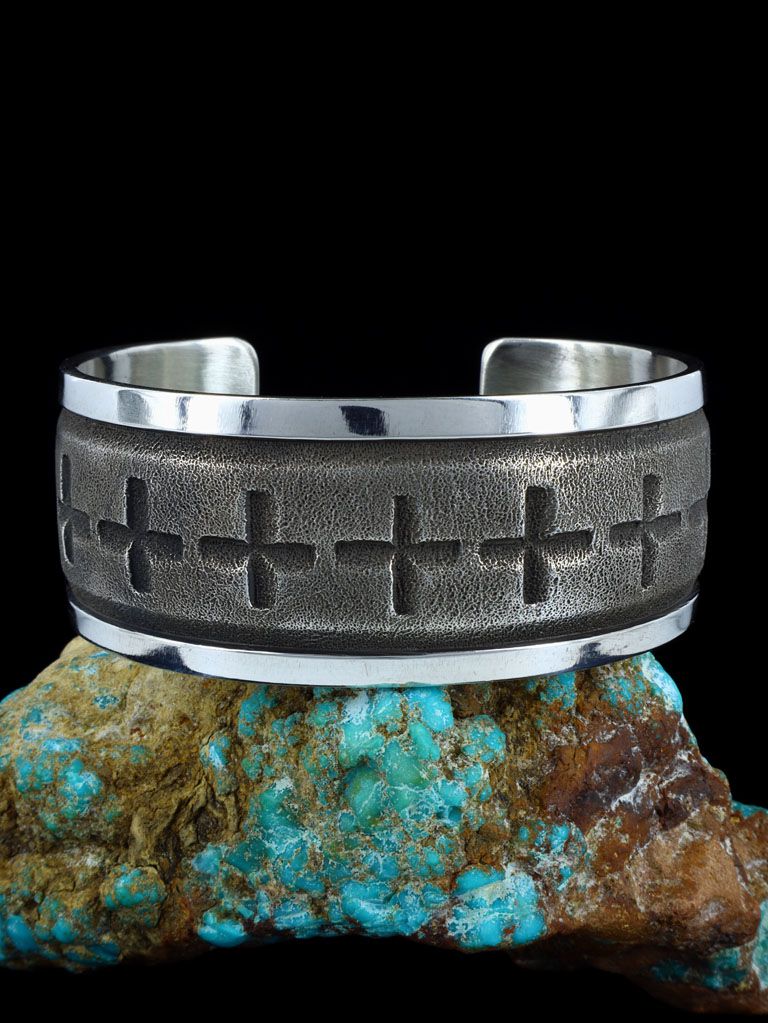 Large Native American Jewelry Sterling Silver Cross Cuff Bracelet - PuebloDirect.com