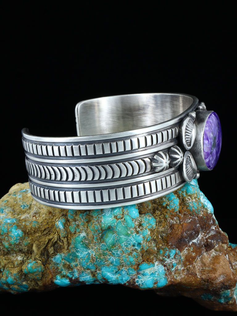 Navajo Sterling Silver Charoite Stamped Cuff Bracelet - PuebloDirect.com