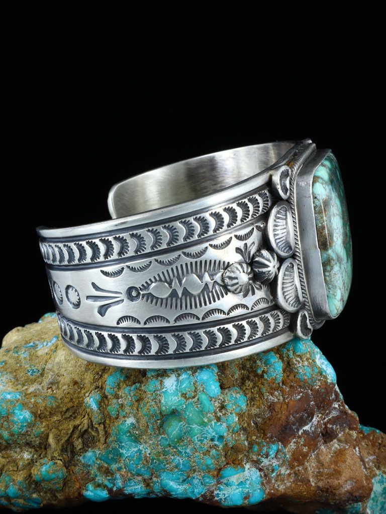 Navajo Sterling Silver Australian Variscite Stamped Cuff Bracelet - PuebloDirect.com