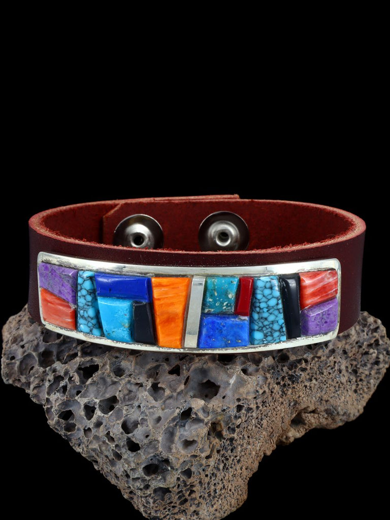 Native American Inlay Turquoise and Spiny Oyster Leather Bracelet - PuebloDirect.com