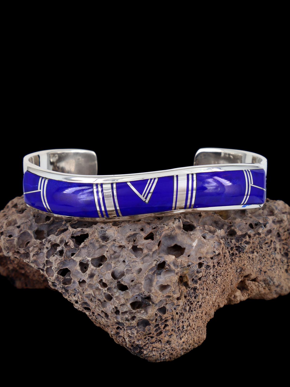 Navajo Sterling Silver Lapis Inlay Bracelet - PuebloDirect.com