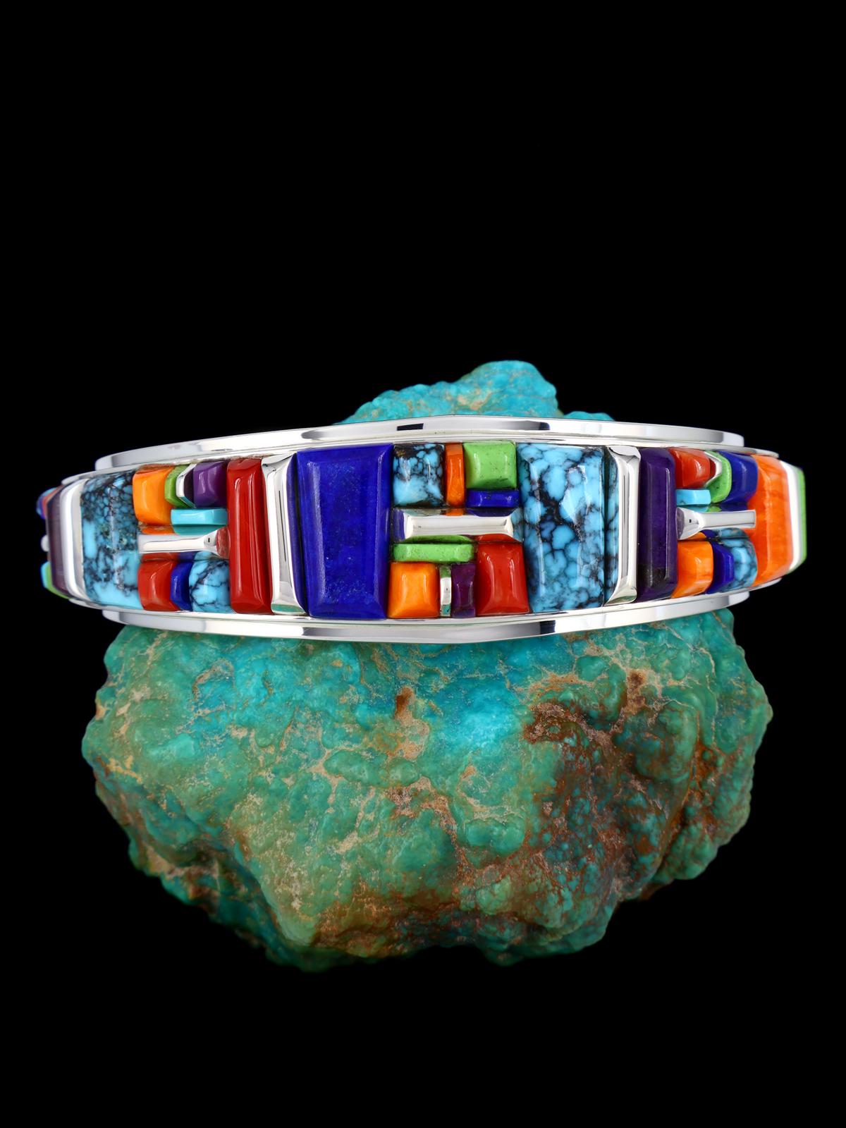 マルチカラーストーンブレスレット　silver925 メキシコ製 Native American Multi Stone Cobblestone Inlay Cuff Bracelet