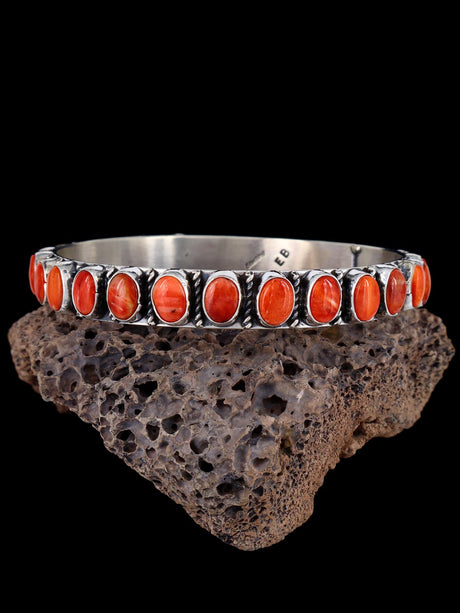Native American Sterling Silver Spiny Oyster Bangle Bracelet - PuebloDirect.com