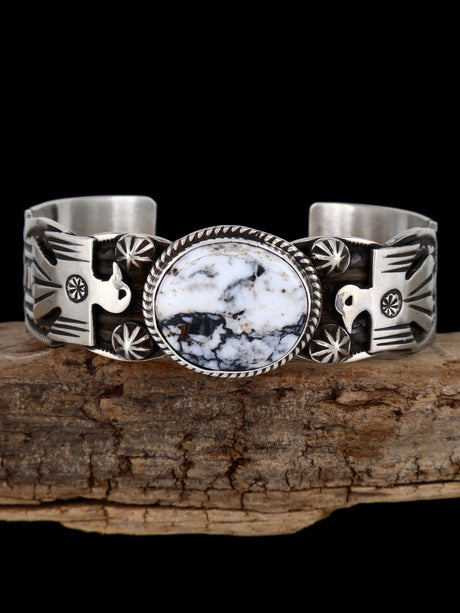 Navajo Jewelry Sterling Silver White Buffalo Thunderbird Bracelet - PuebloDirect.com
