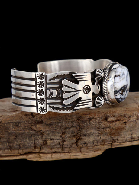 Navajo Jewelry Sterling Silver White Buffalo Thunderbird Bracelet - PuebloDirect.com