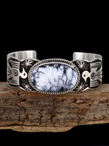 Navajo Jewelry Sterling Silver White Buffalo Thunderbird Bracelet - PuebloDirect.com