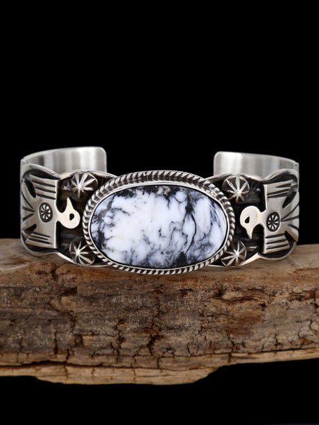 Navajo Jewelry Sterling Silver White Buffalo Thunderbird Bracelet - PuebloDirect.com