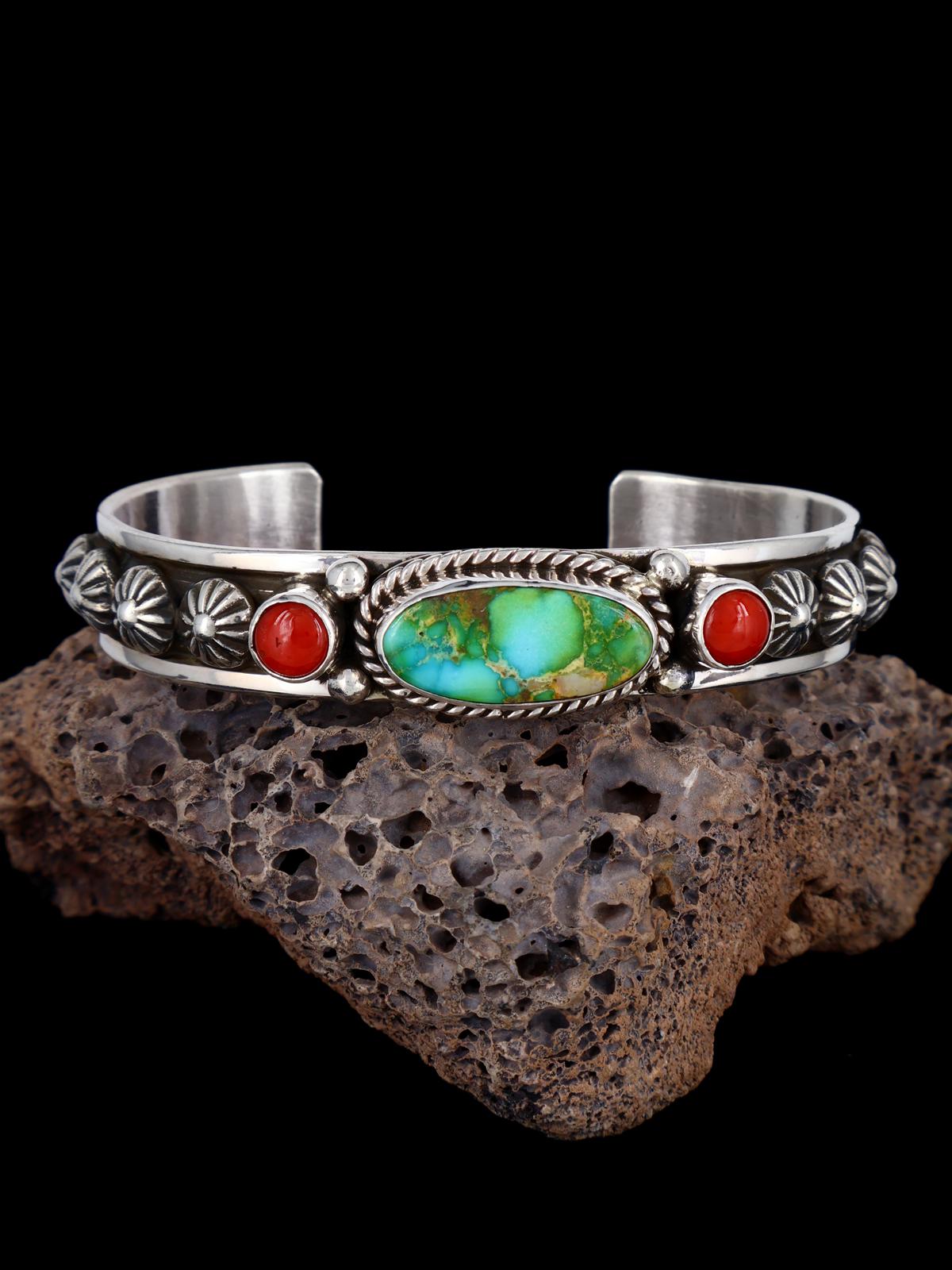 Native American Jewelry Coral and Sonoran Gold Turquoise Cuff Bracelet - PuebloDirect.com