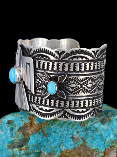 Bracelet manchette Thunderbird en argent sterling turquoise amérindien