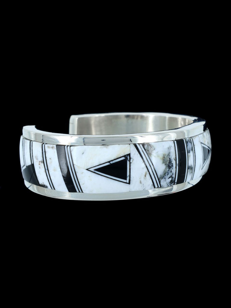 Native American Sterling Silver White Buffalo and Onyx Inlay Bracelet - PuebloDirect.com
