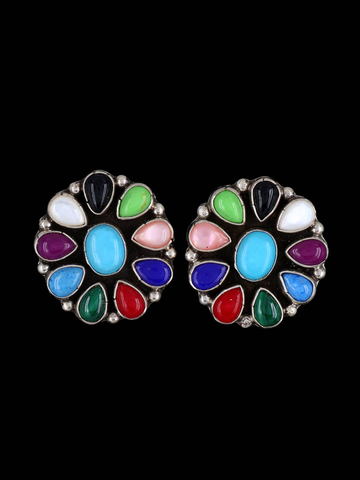 Navajo Multi Stone Sterling Silver Post Earrings - PuebloDirect.com