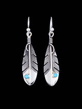 Native American Sterling Silver Turquoise Dangle Feather Earrings - PuebloDirect.com