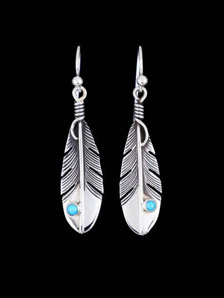 Native American Sterling Silver Turquoise Dangle Feather Earrings - PuebloDirect.com