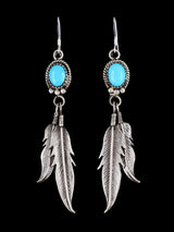 Navajo Sterling Silver Turquoise Feather Dangle Earrings - PuebloDirect.com