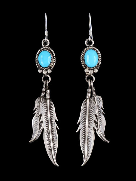Navajo Sterling Silver Turquoise Feather Dangle Earrings - PuebloDirect.com