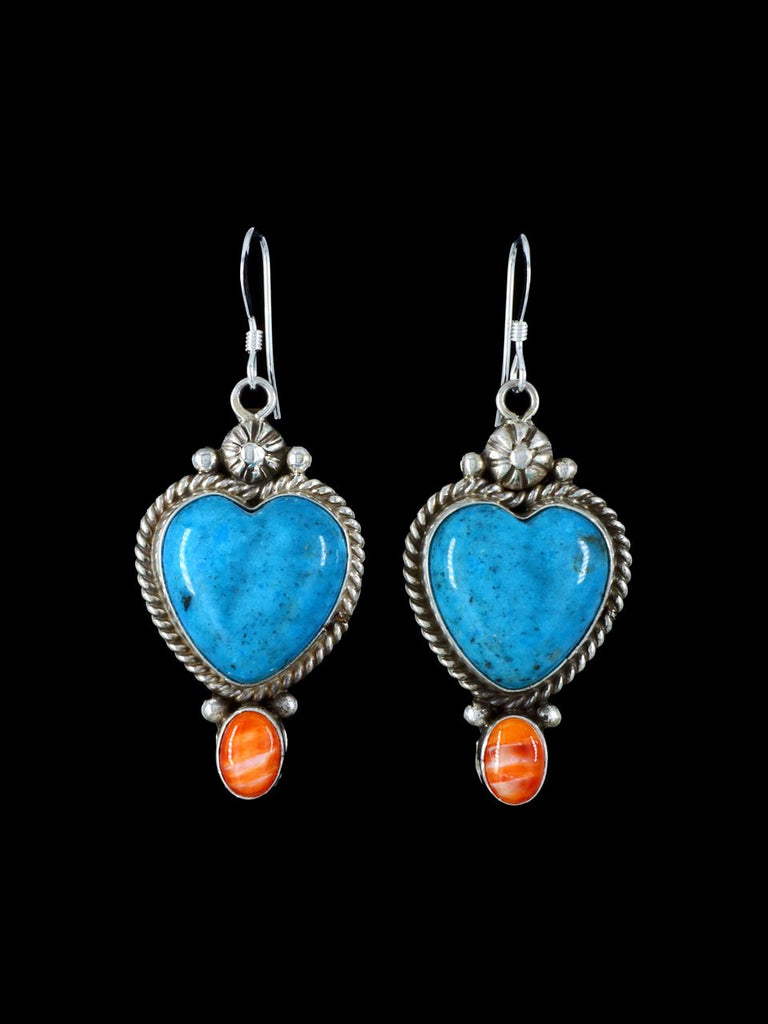 Navajo Turquoise and Spiny Oyster Sterling Silver Dangle Earrings - PuebloDirect.com