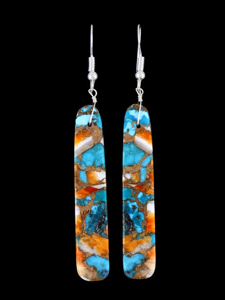 Navajo Spiny Oyster and Turquoise Slab Dangle Earrings - PuebloDirect.com