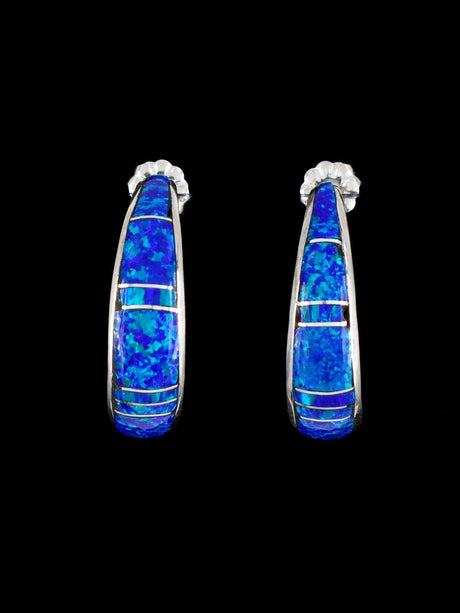 Blue Opalite Zuni Inlay Half Hoop Post Earrings - PuebloDirect.com