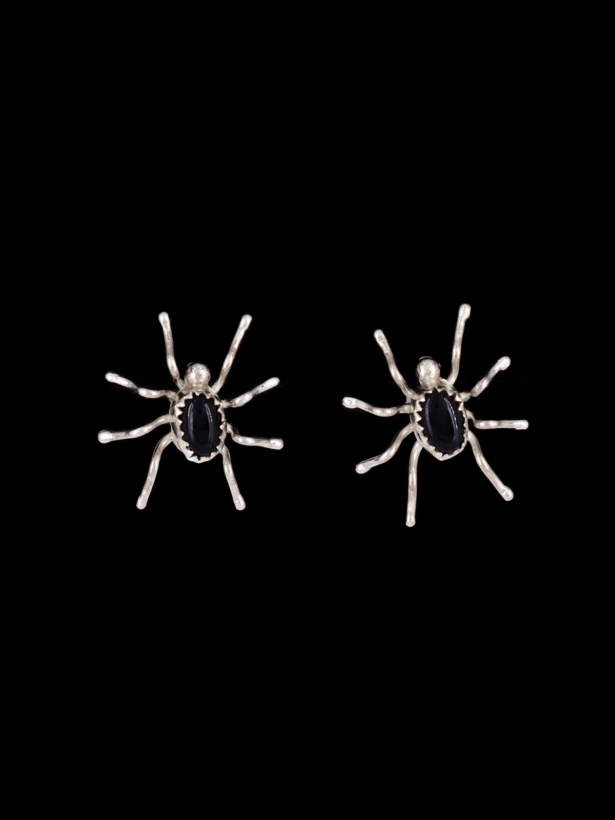 Navajo Black Onyx Spider Sterling Silver Post Earrings - PuebloDirect.com
