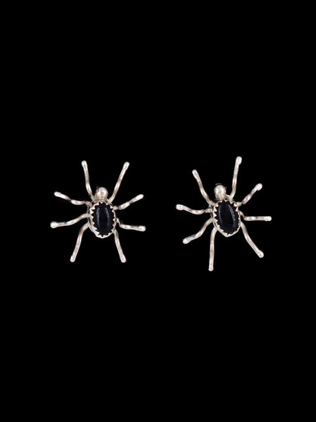 Navajo Black Onyx Spider Sterling Silver Post Earrings - PuebloDirect.com