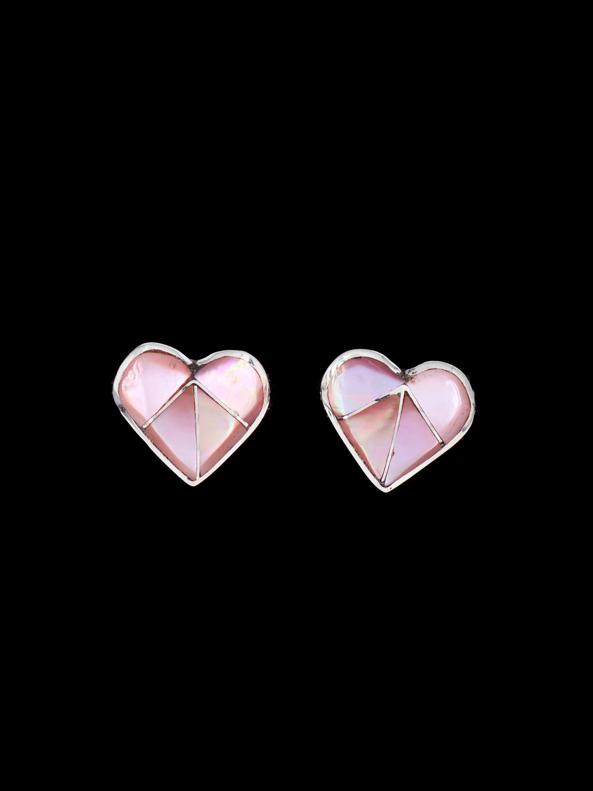 Native American Zuni Inlay Pink Shell Heart Post Earrings - PuebloDirect.com