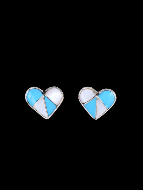 Zuni Inlay Turquoise and Mother of Pearl Heart Post Earrings - PuebloDirect.com