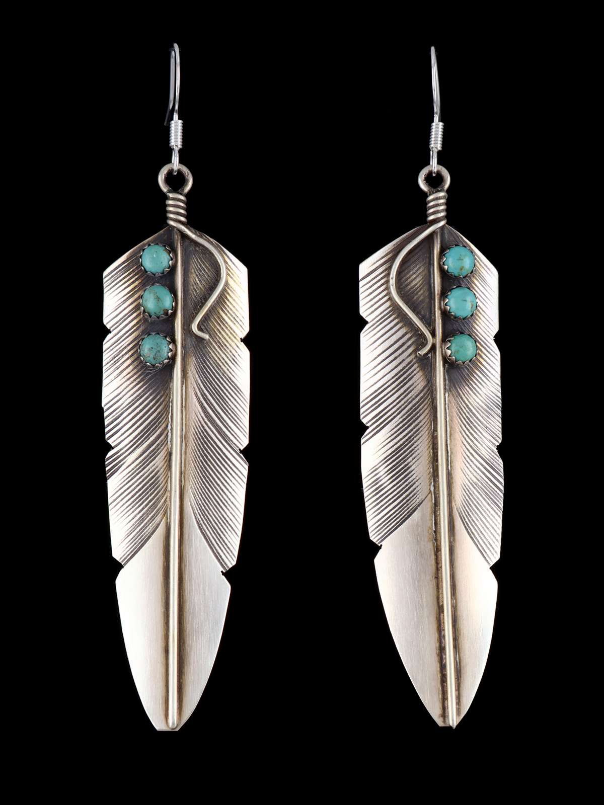 Native American Sterling Silver Turquoise Dangle Feather Earrings - PuebloDirect.com