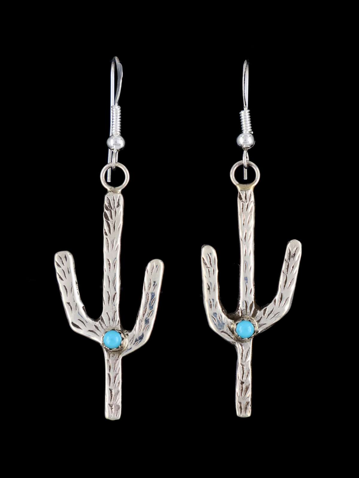 Navajo Sterling Silver Cactus Dangle Turquoise Earrings - PuebloDirect.com