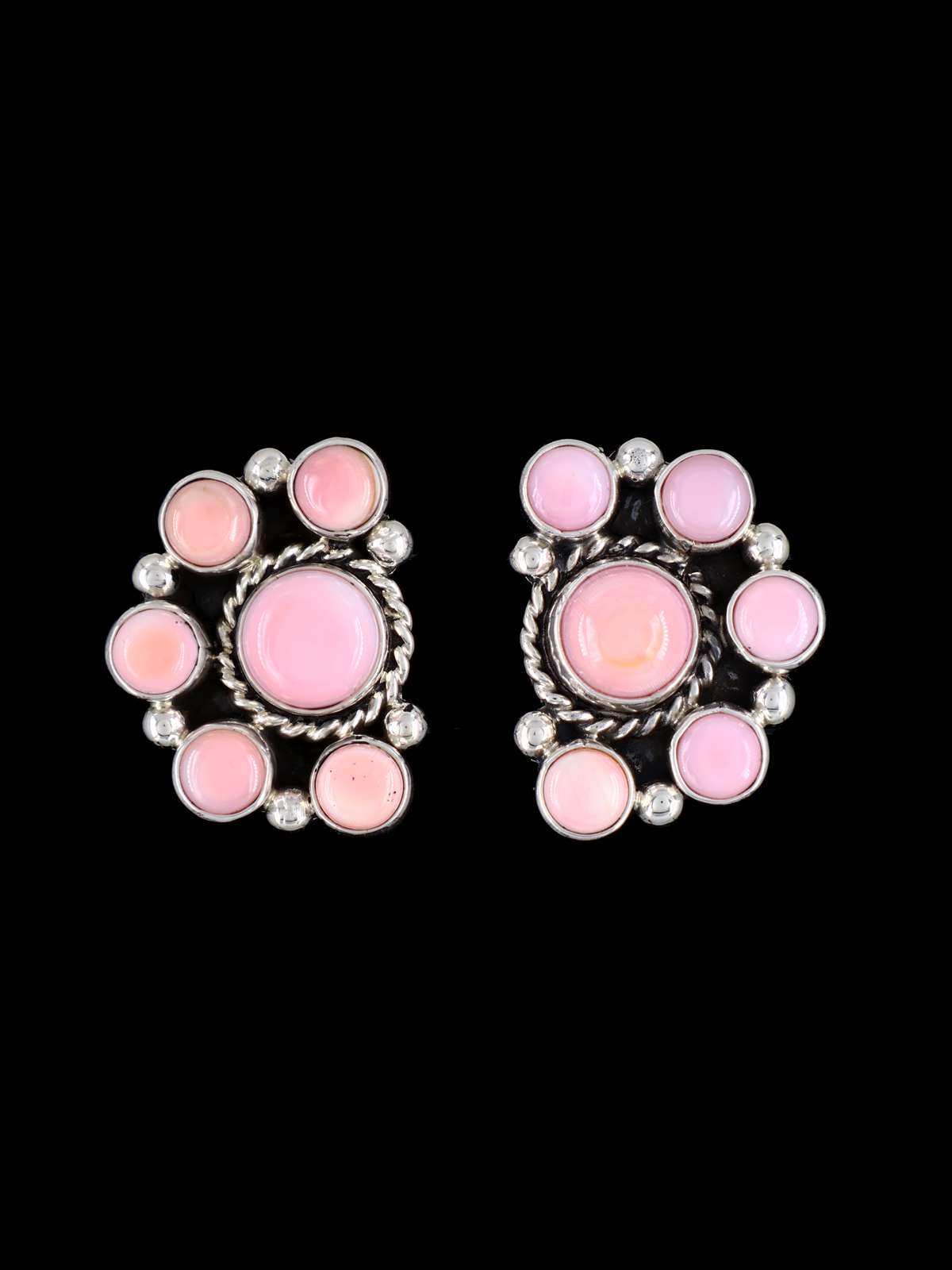 Navajo Pink Conch Cluster Sterling Silver Post Earrings - PuebloDirect.com