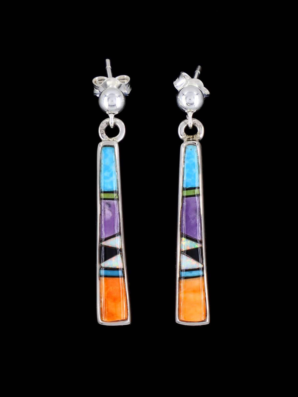Navajo Multistone Sterling Silver Inlay Dangle Earrings - PuebloDirect.com