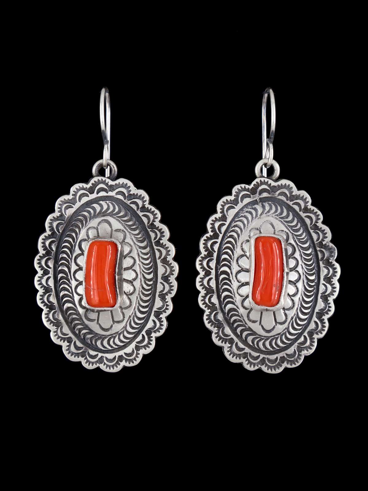 Navajo Natural Coral Sterling Silver Dangle Earrings - PuebloDirect.com