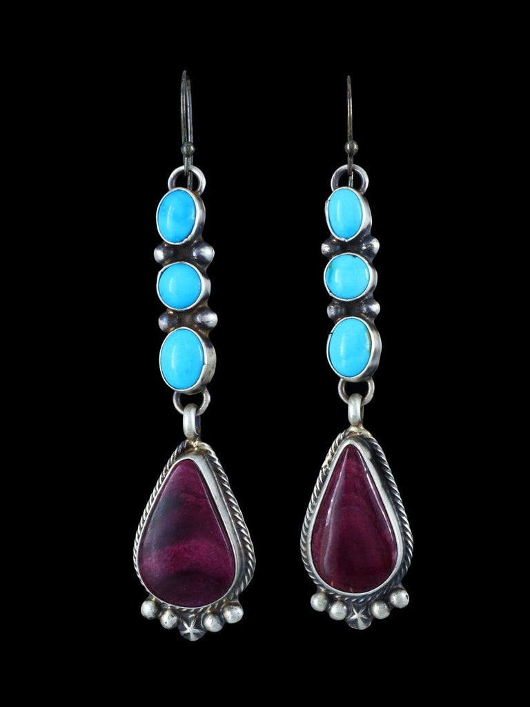 Navajo Turquoise and Spiny Oyster Sterling Silver Dangle Earrings - PuebloDirect.com