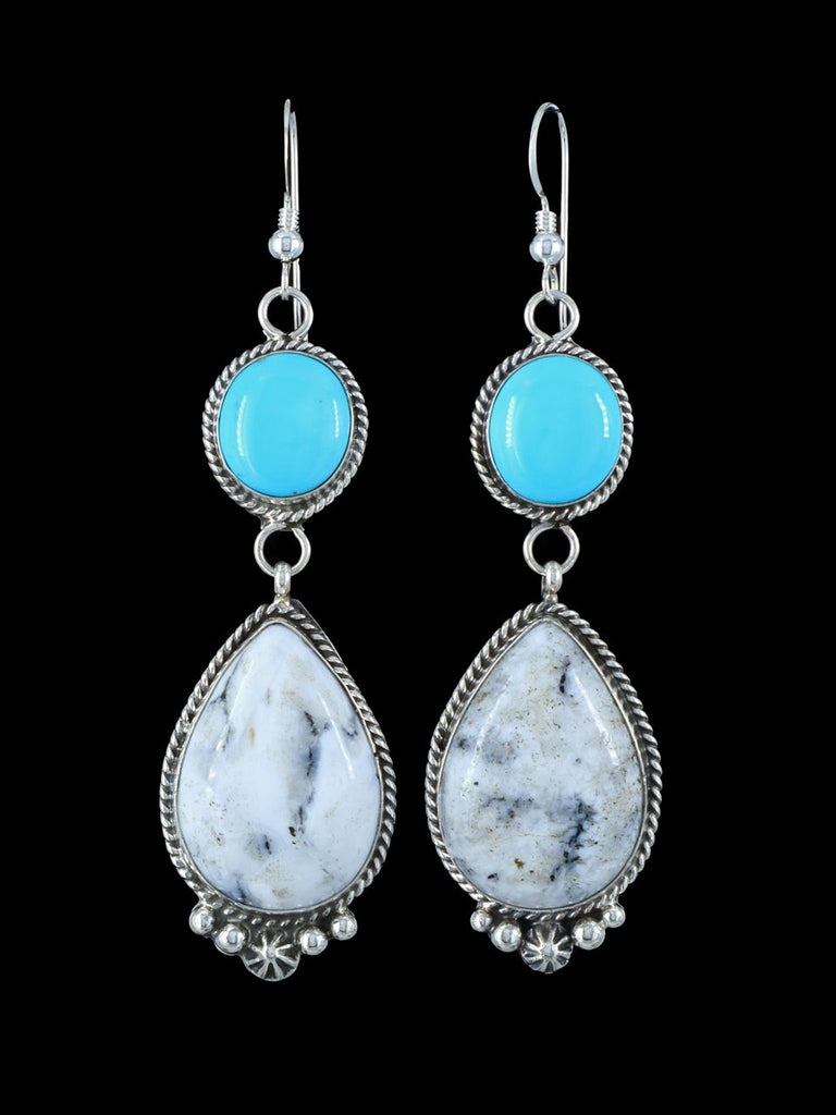 Navajo Turquoise and White Buffalo Sterling Silver Dangle Earrings - PuebloDirect.com