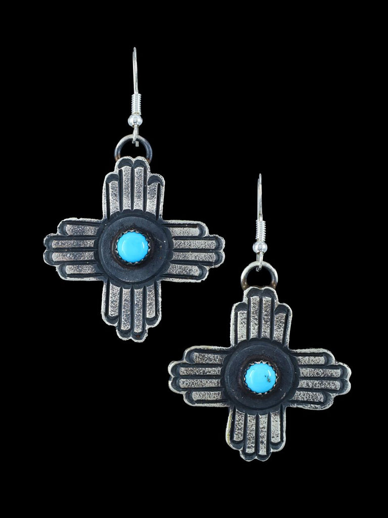 Navajo Sterling Silver Turquoise Zia Dangle Earrings - PuebloDirect.com