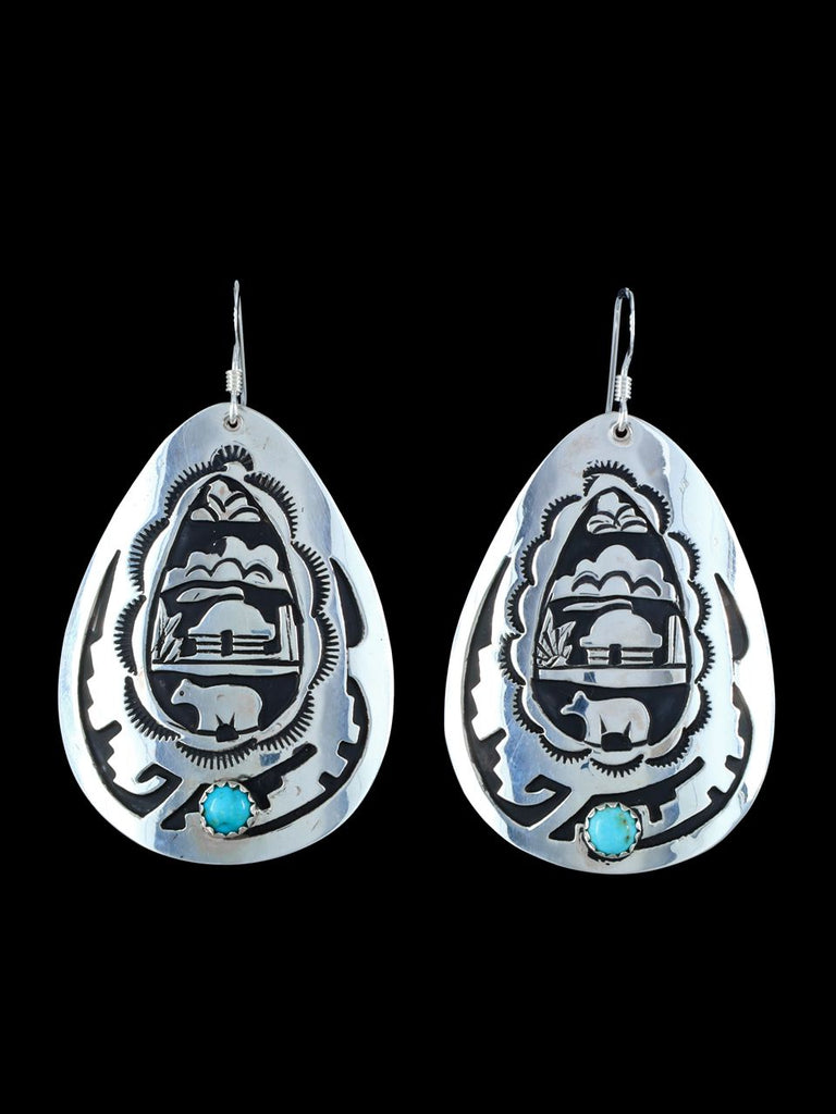 Navajo Sterling Silver Storyteller Overlay Turquoise Dangle Earrings - PuebloDirect.com