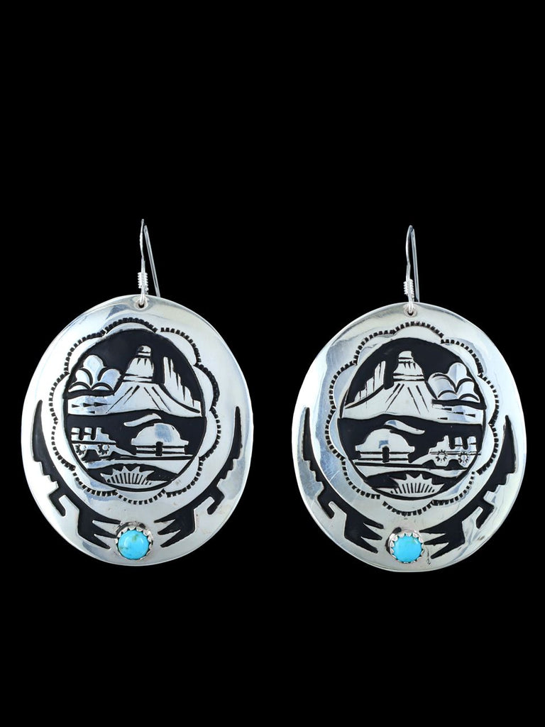 Navajo Sterling Silver Storyteller Overlay Turquoise Dangle Earrings - PuebloDirect.com