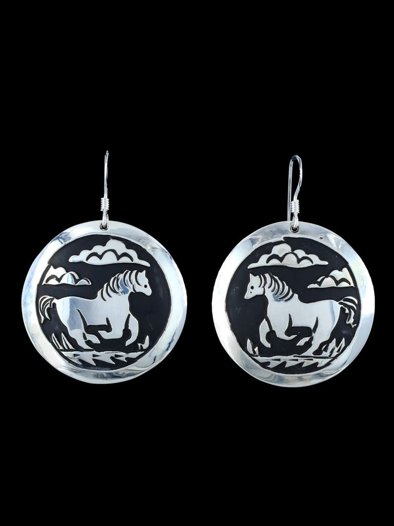 Navajo Sterling Silver Horse Overlay Dangle Earrings - PuebloDirect.com