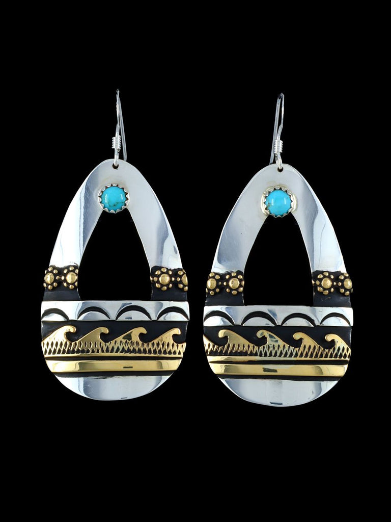 Navajo Sterling Silver and Gold Overlay Turquoise Dangle Earrings - PuebloDirect.com