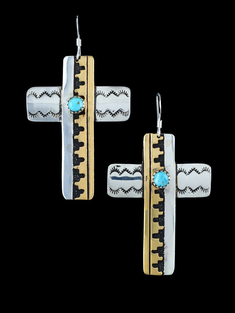 Navajo Sterling Silver and Gold Overlay Turquoise Dangle Cross Earrings - PuebloDirect.com