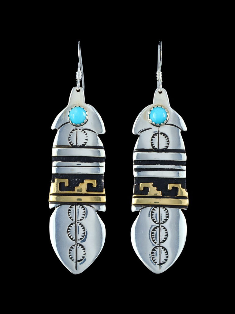 Navajo Overlay Sterling Silver and Gold Dangle Feather Earrings - PuebloDirect.com