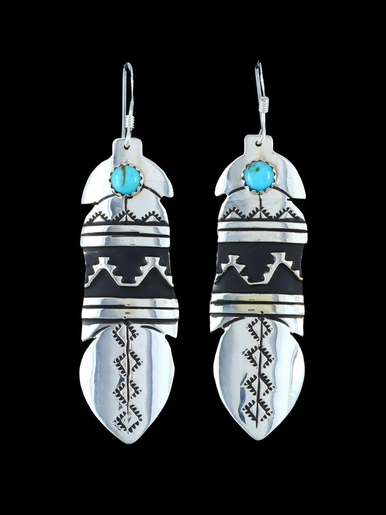 Navajo Overlay Sterling Silver Dangle Feather Earrings - PuebloDirect.com