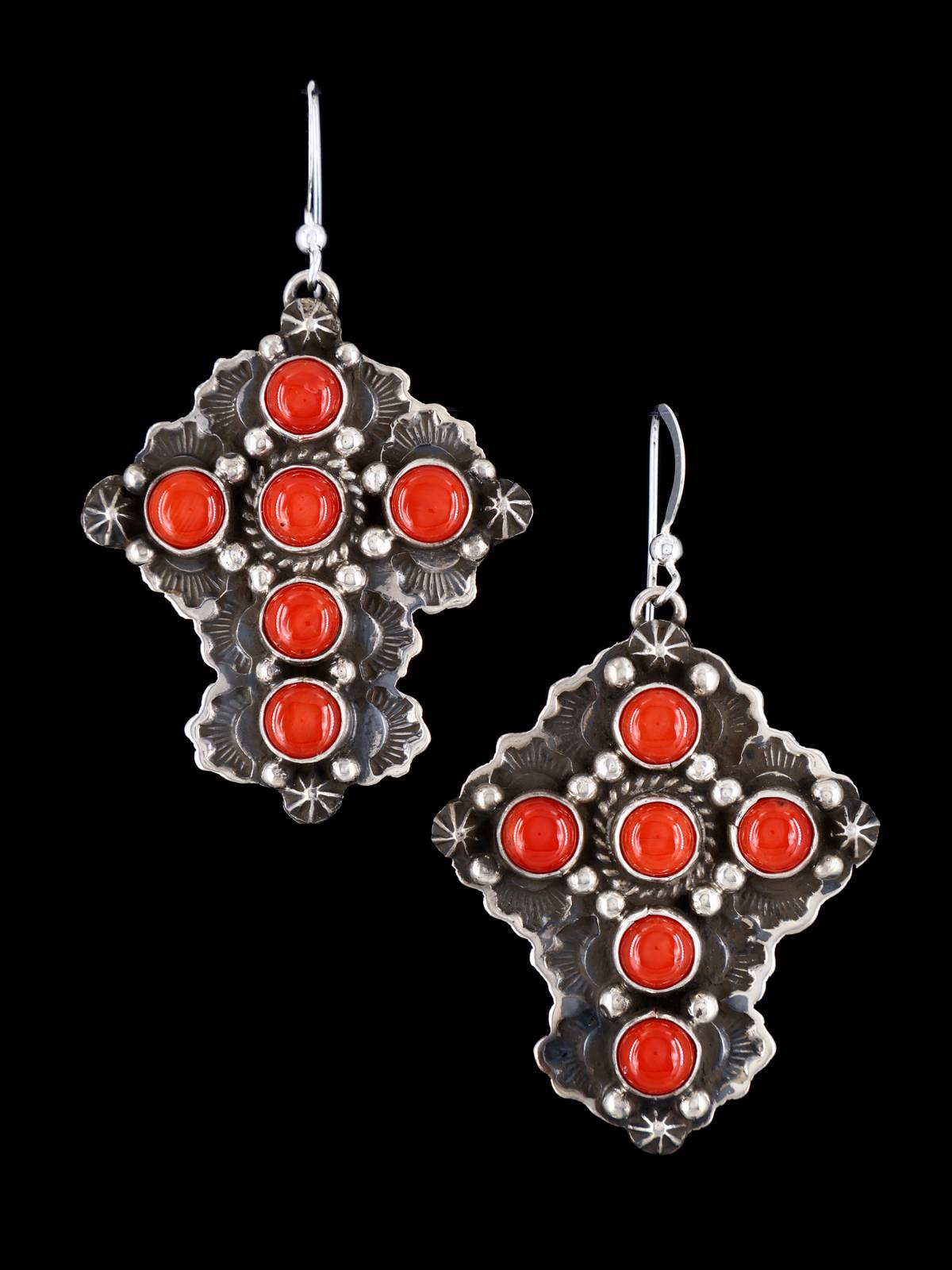 Navajo Jewelry Natural Coral Dangle Cross Earrings - PuebloDirect.com