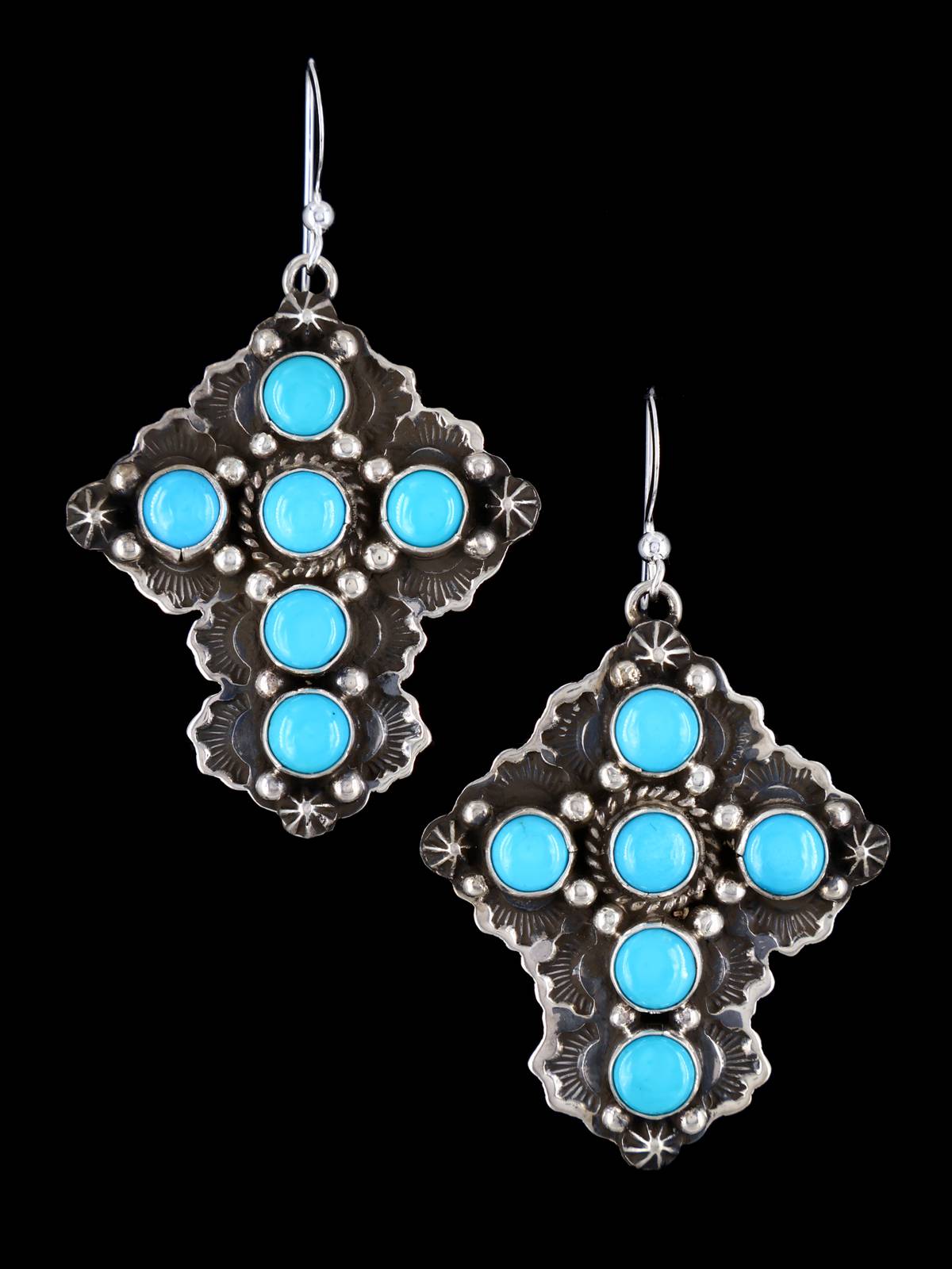 Navajo Jewelry Sleeping Beauty Turquoise Dangle Cross Earrings - PuebloDirect.com