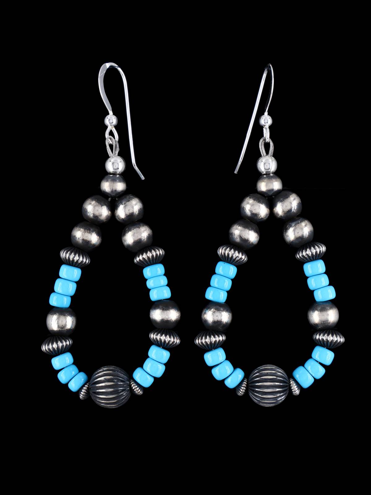 Navajo Sleeping Beauty Turquoise and Sterling Silver Beaded Dangle Earrings - PuebloDirect.com