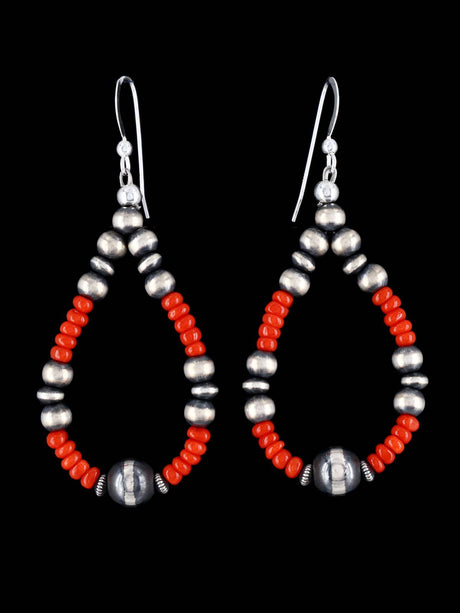 Navajo Coral and Sterling Silver Beaded Dangle Earrings - PuebloDirect.com