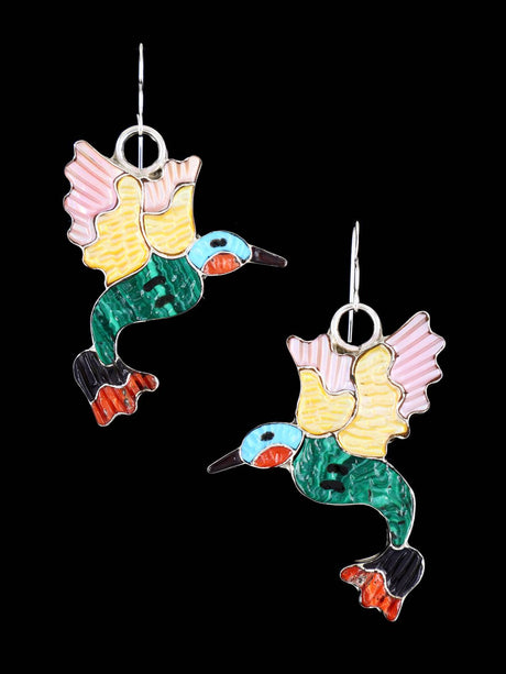 Multi Stone Zuni Inlay Hummingbird Dangle Earrings - PuebloDirect.com